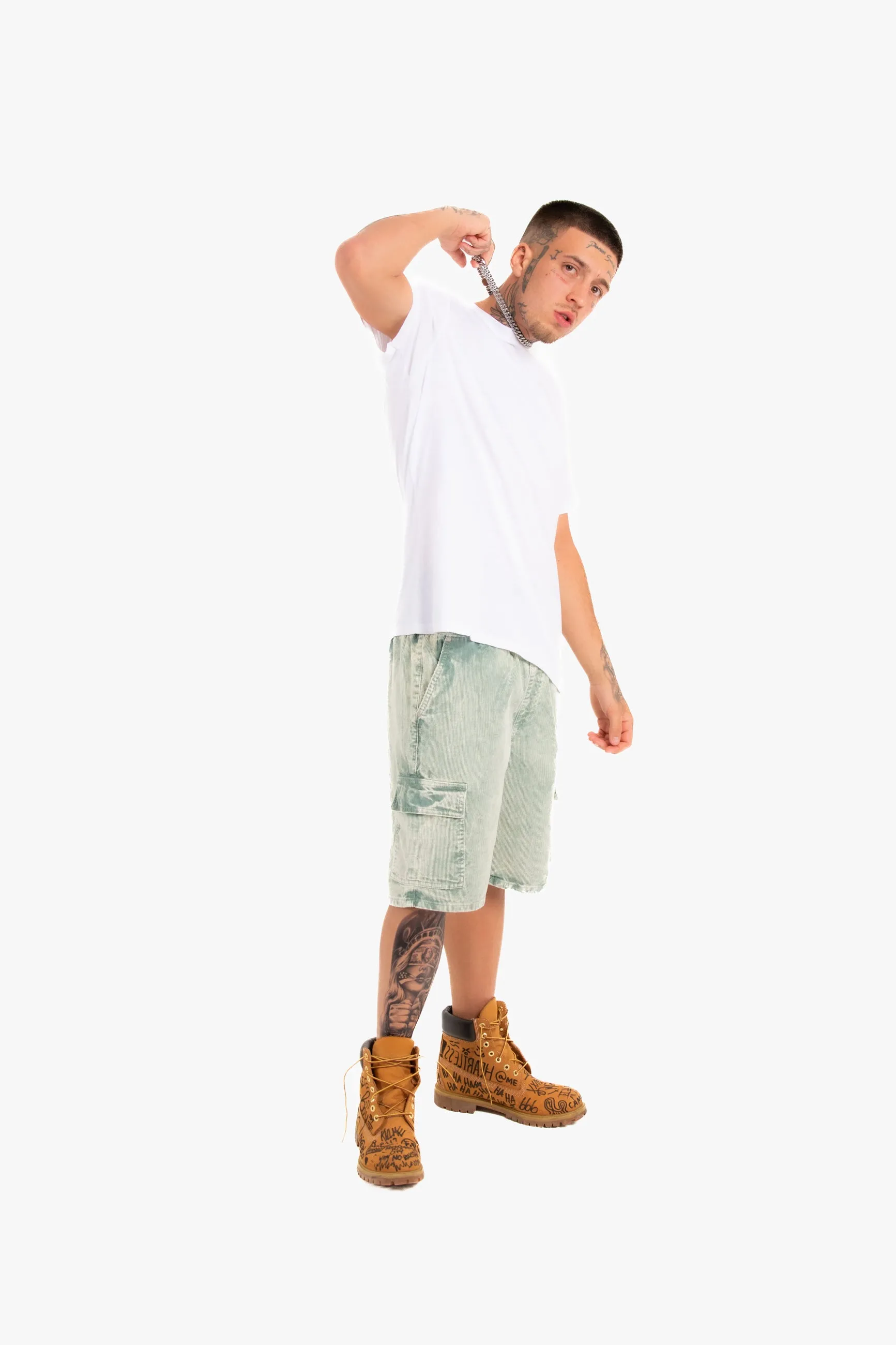 Acid Wash Green Corduroy Cargo Shorts