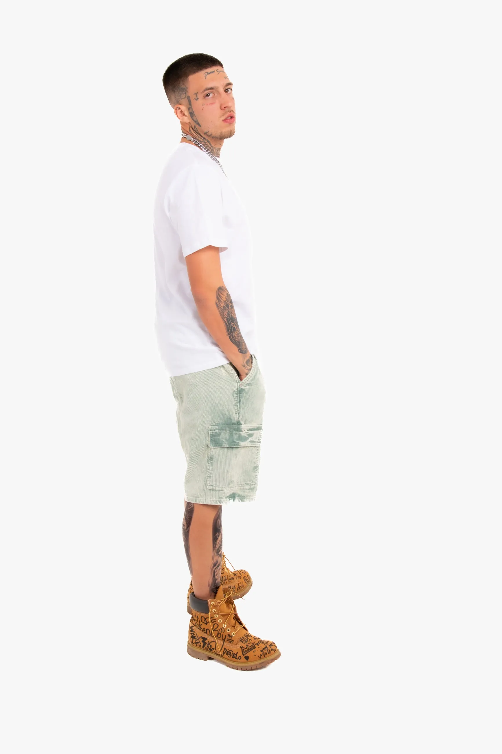 Acid Wash Green Corduroy Cargo Shorts