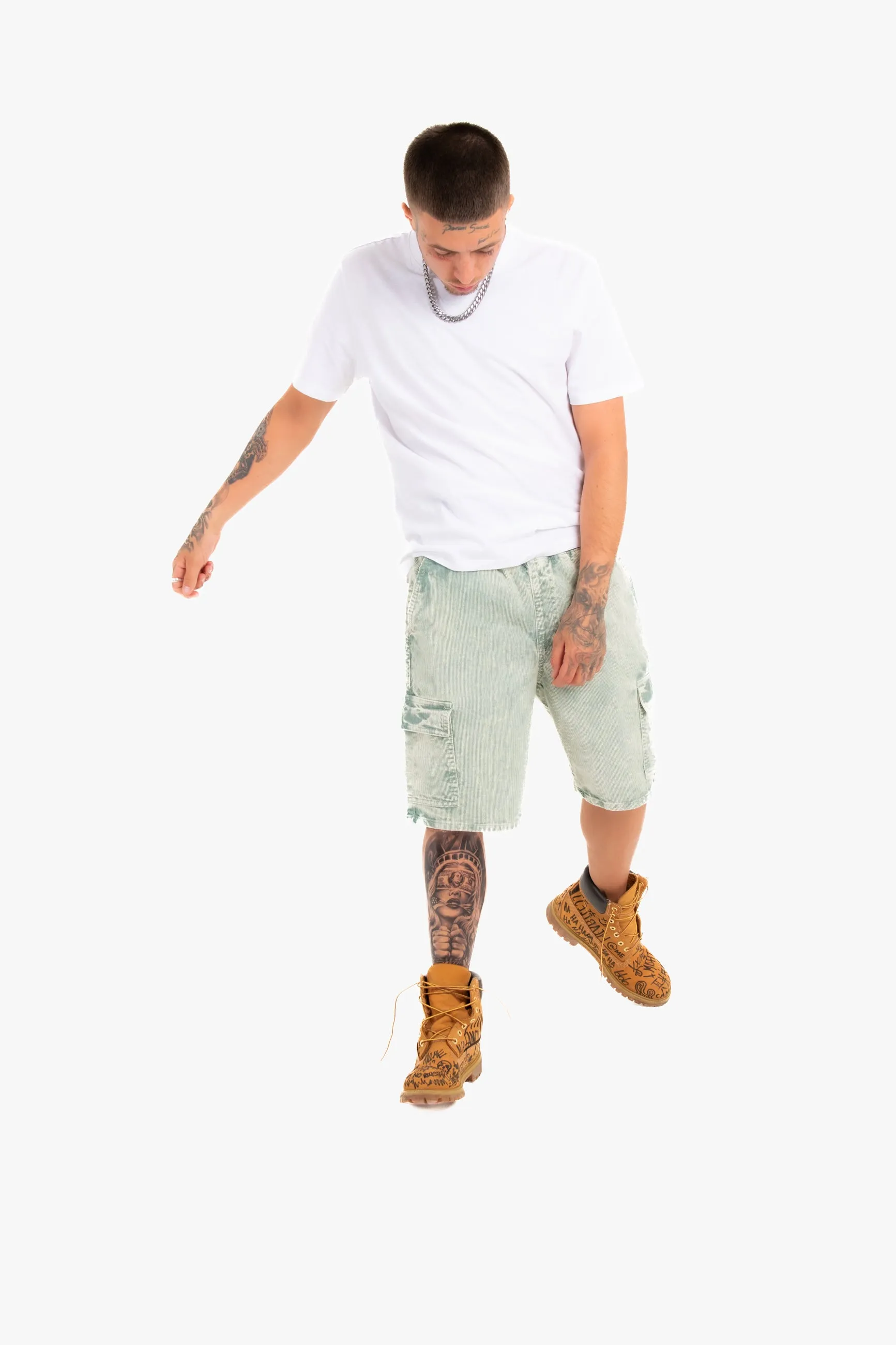 Acid Wash Green Corduroy Cargo Shorts