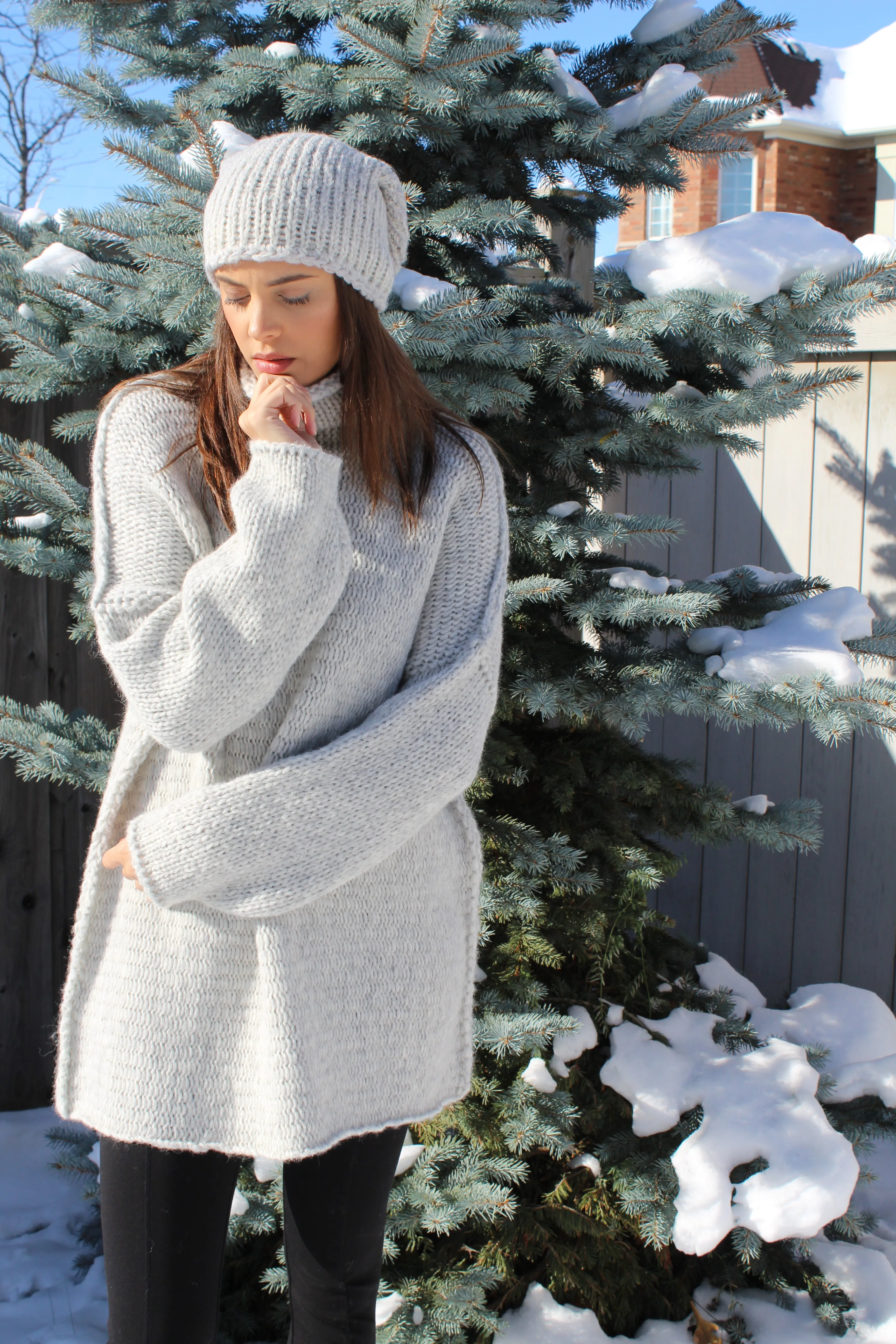 Alpaca chunky knit sweater  in pearl grey .