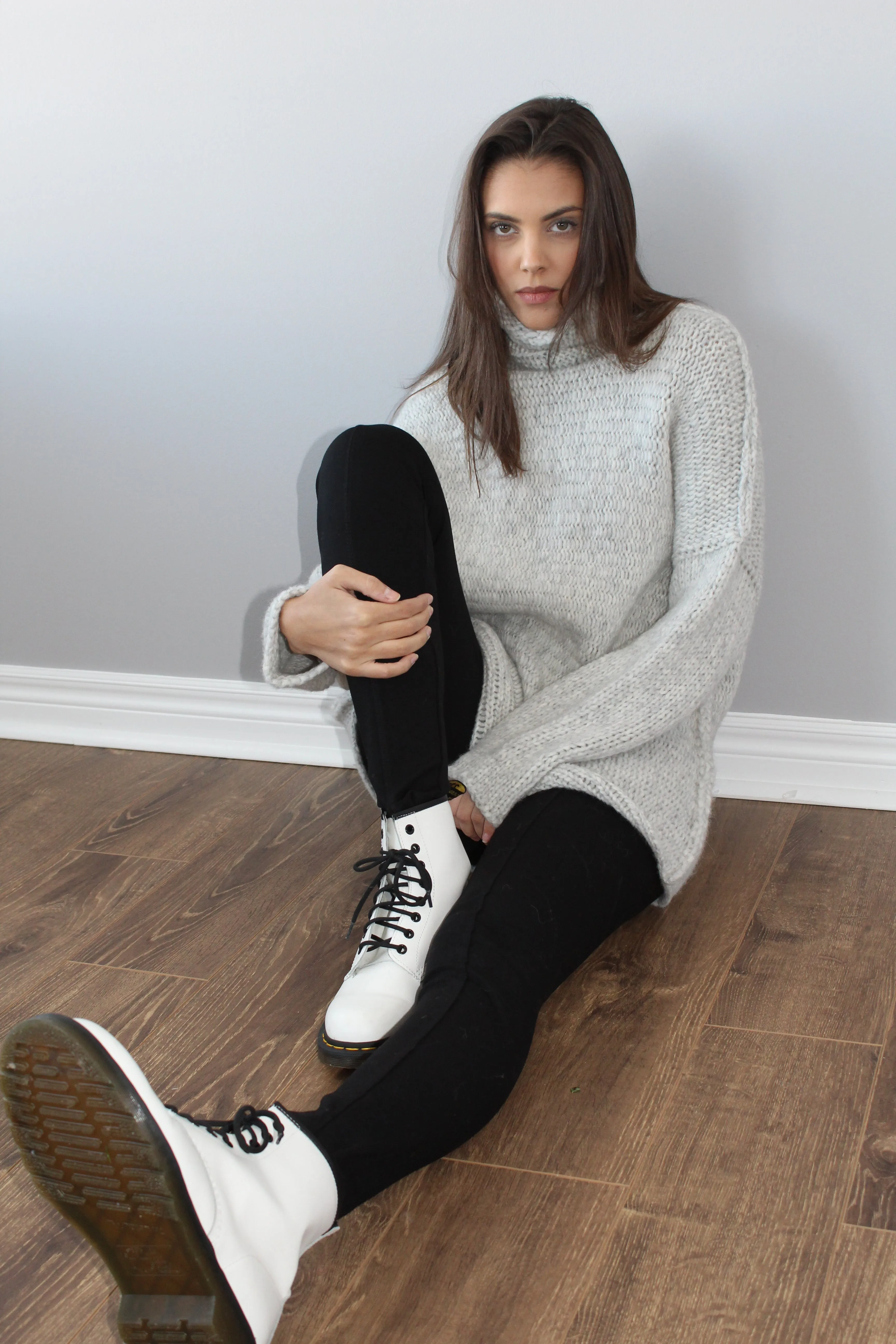 Alpaca chunky knit sweater  in pearl grey .