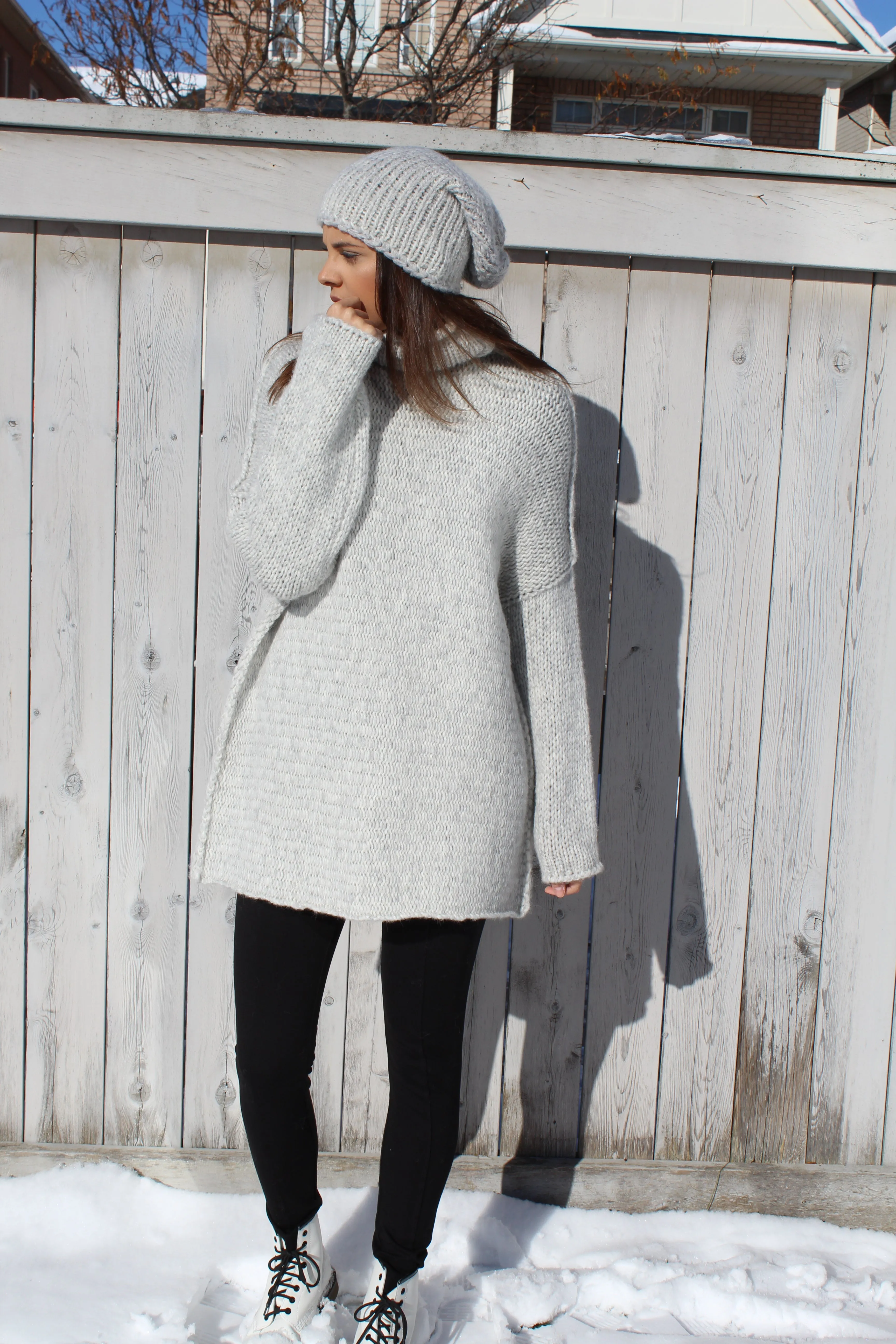 Alpaca chunky knit sweater  in pearl grey .