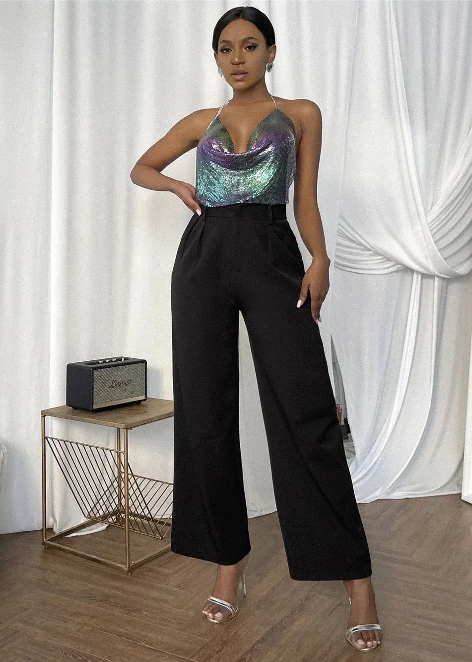 Backless Draped Collar Halter Metallic Crop Top