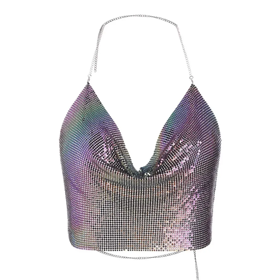 Backless Draped Collar Halter Metallic Crop Top