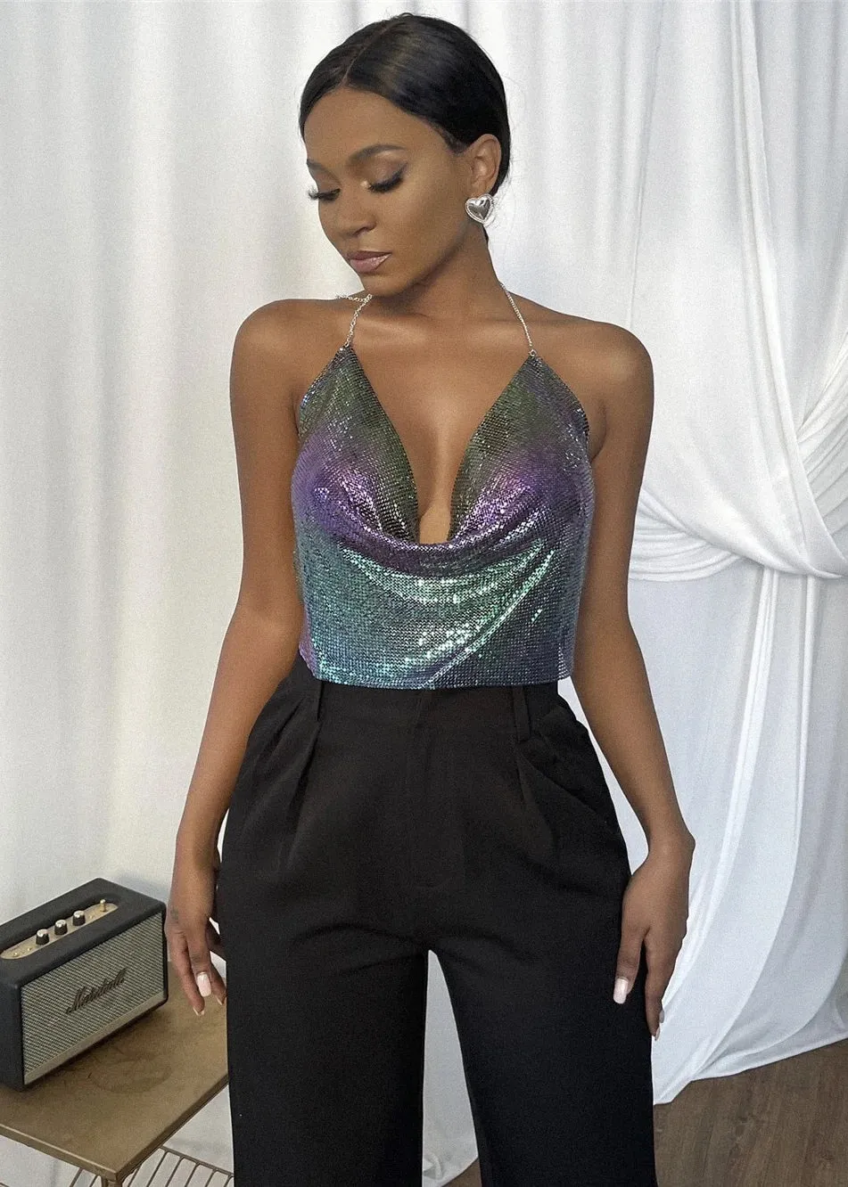 Backless Draped Collar Halter Metallic Crop Top