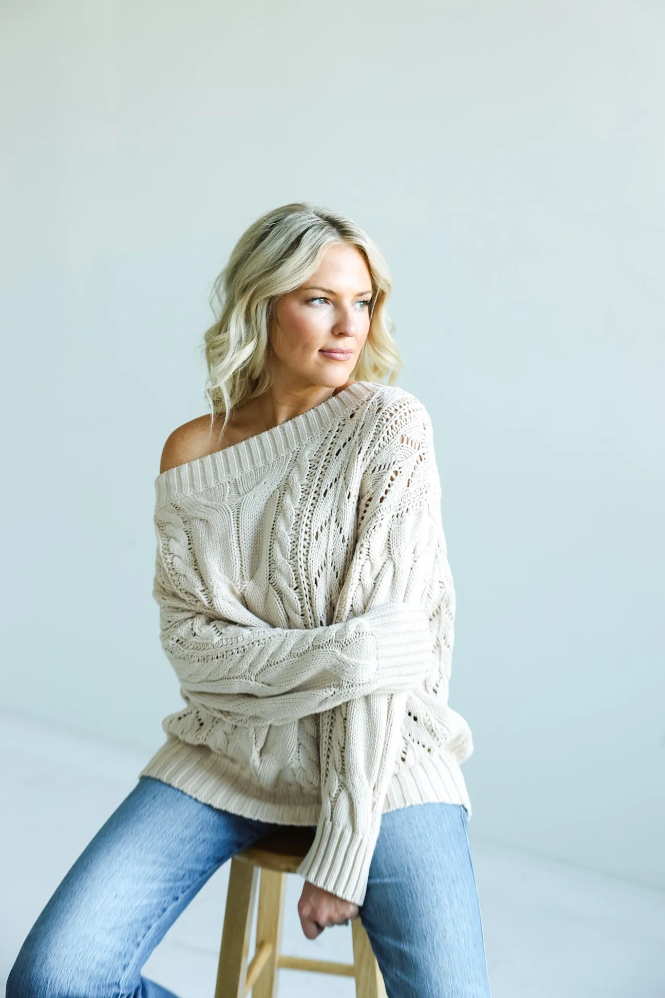 Beige Chunky Cable-Knit Sweater