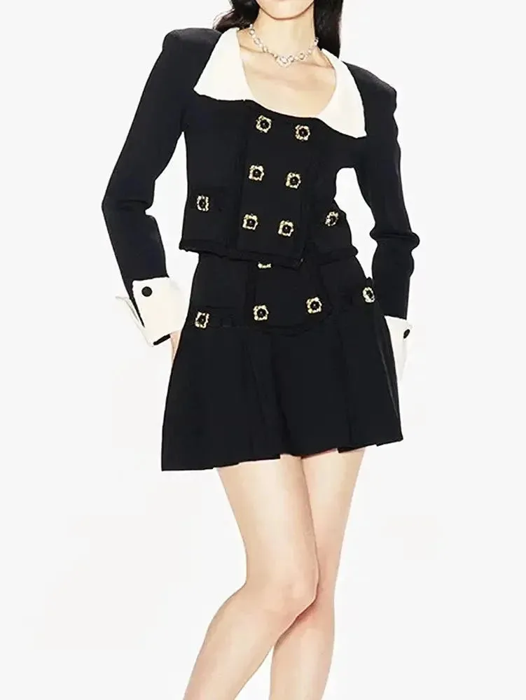 Bicolor Double-Buttoned Cropped Jacket Pleated Mini Skirt Set