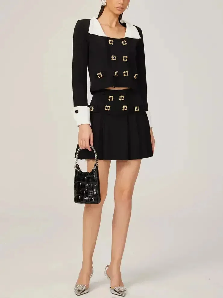 Bicolor Double-Buttoned Cropped Jacket Pleated Mini Skirt Set