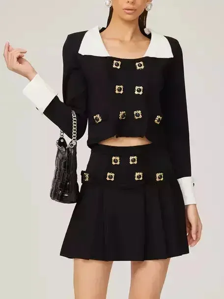 Bicolor Double-Buttoned Cropped Jacket Pleated Mini Skirt Set