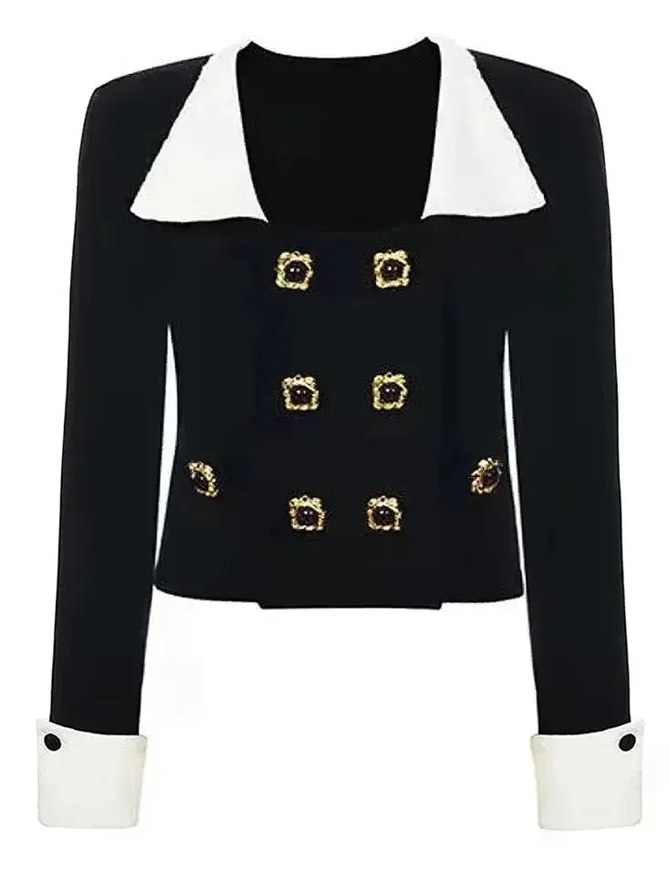 Bicolor Double-Buttoned Cropped Jacket Pleated Mini Skirt Set