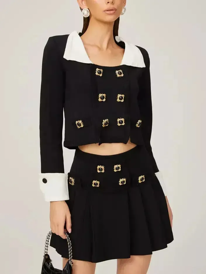 Bicolor Double-Buttoned Cropped Jacket Pleated Mini Skirt Set