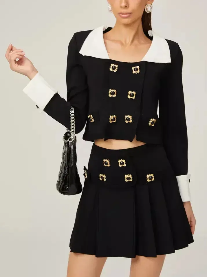 Bicolor Double-Buttoned Cropped Jacket Pleated Mini Skirt Set