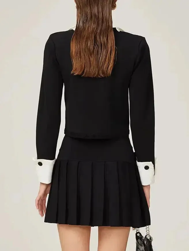 Bicolor Double-Buttoned Cropped Jacket Pleated Mini Skirt Set