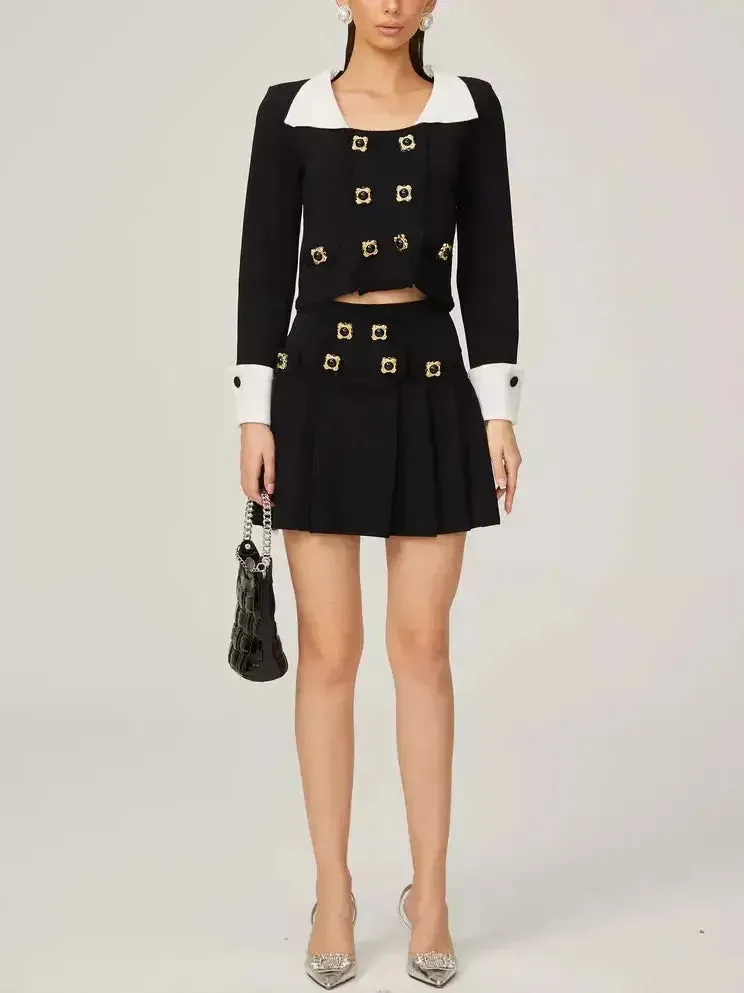 Bicolor Double-Buttoned Cropped Jacket Pleated Mini Skirt Set