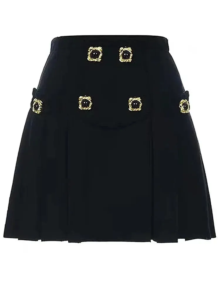 Bicolor Double-Buttoned Cropped Jacket Pleated Mini Skirt Set