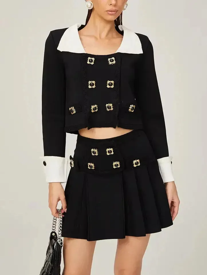 Bicolor Double-Buttoned Cropped Jacket Pleated Mini Skirt Set