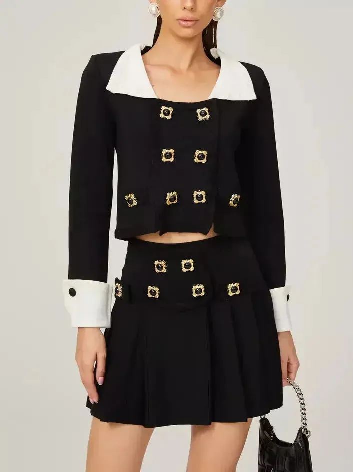 Bicolor Double-Buttoned Cropped Jacket Pleated Mini Skirt Set