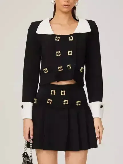 Bicolor Double-Buttoned Cropped Jacket Pleated Mini Skirt Set