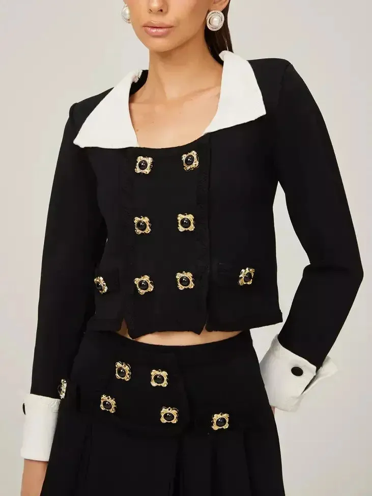 Bicolor Double-Buttoned Cropped Jacket Pleated Mini Skirt Set