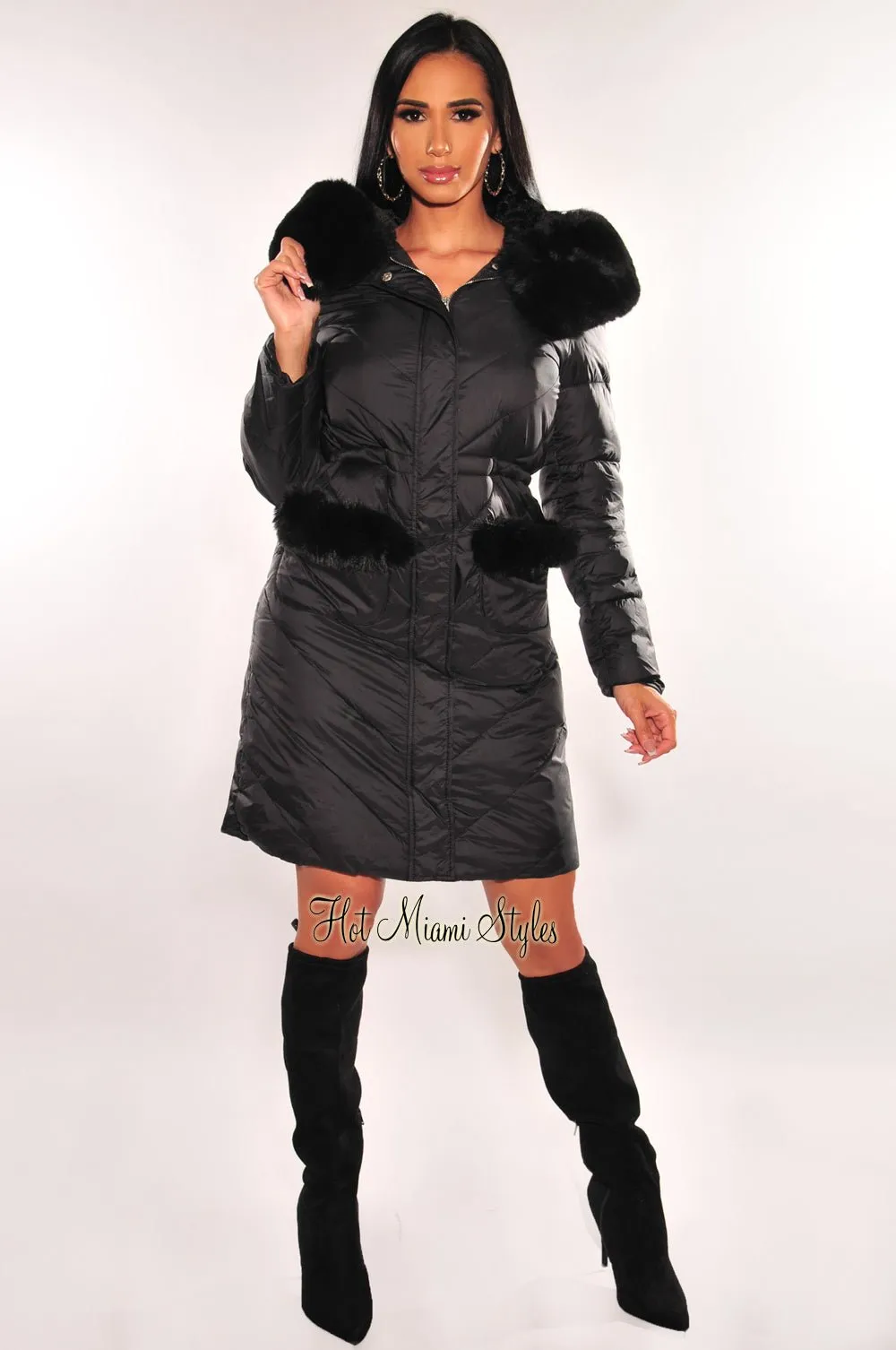 Black Faux Fur Hooded Long Sleeve Parker Puffer Coat Jacket