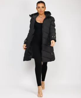 Black Long Puffer Coat With Belt And Gold Button Detail