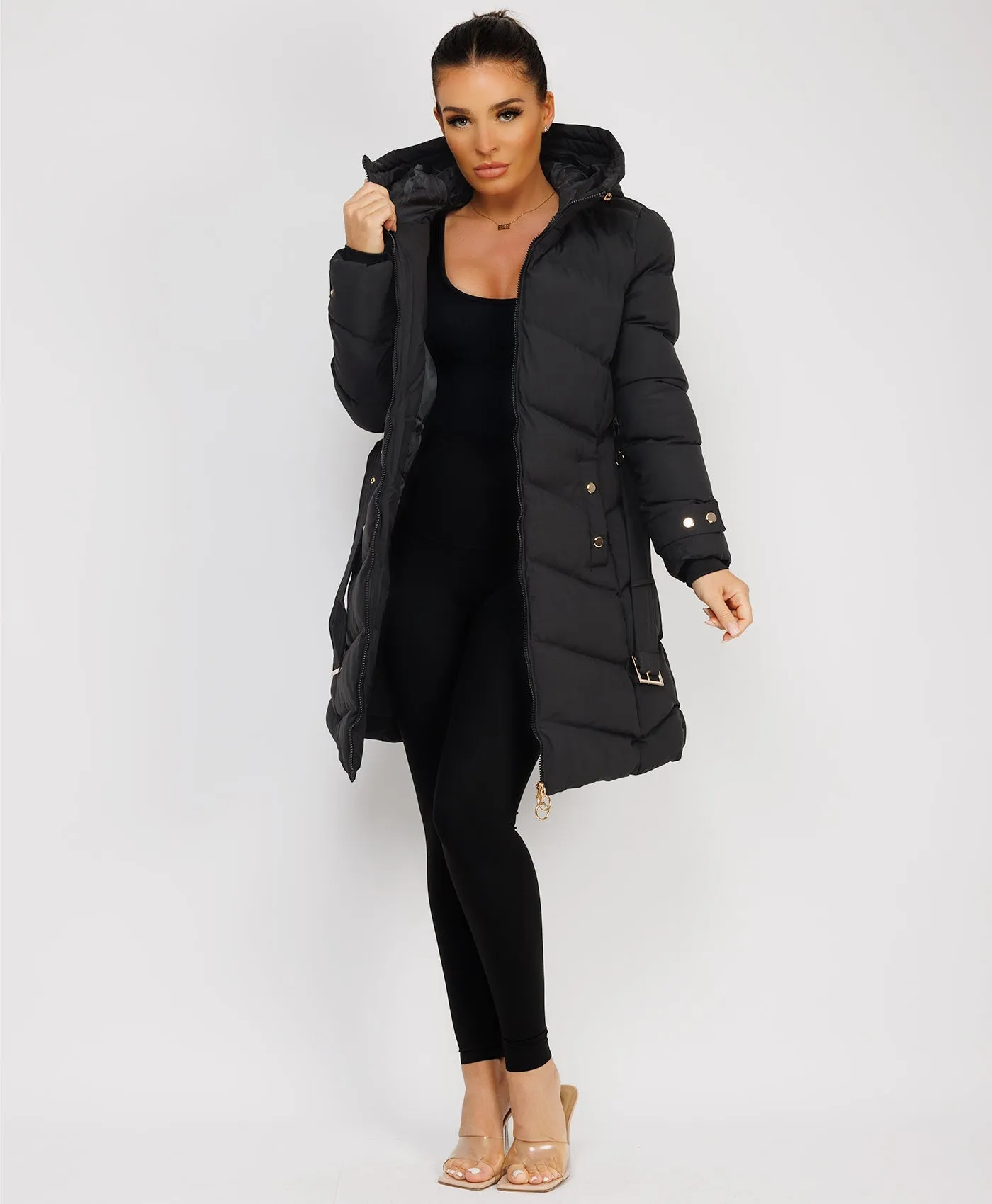 Black Long Puffer Coat With Belt And Gold Button Detail