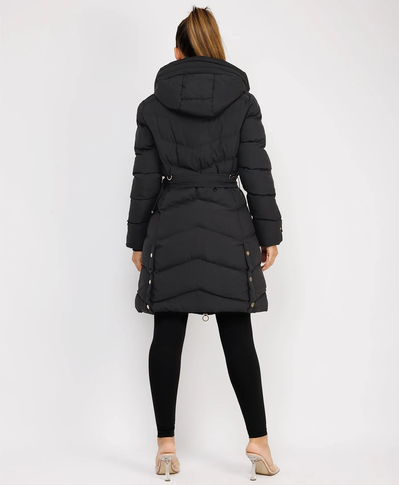 Black Long Puffer Coat With Belt And Gold Button Detail