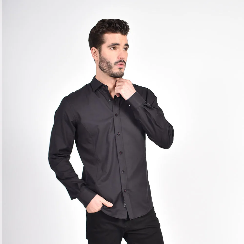 Black on Black Jacquard w/Pink Trim Button Down Shirt