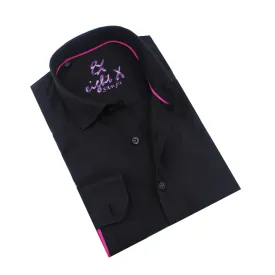 Black on Black Jacquard w/Pink Trim Button Down Shirt