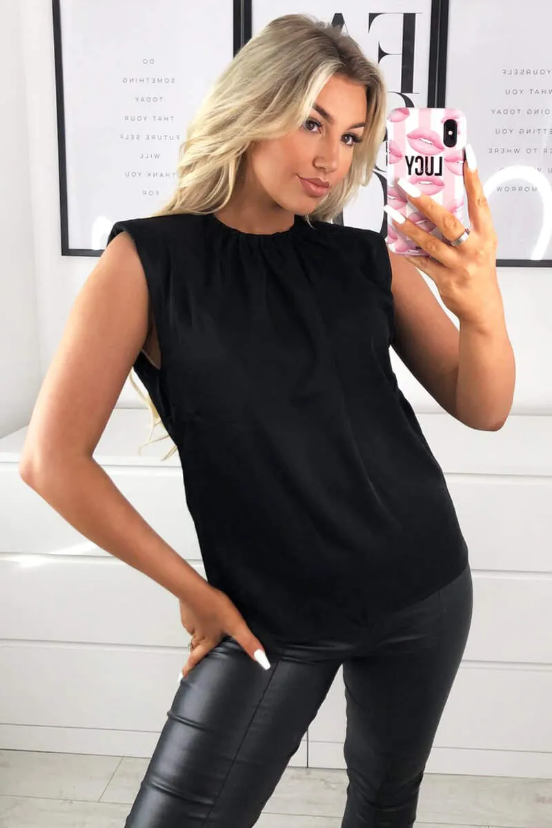 Black Padded Shoulder Sleeveless Blouse