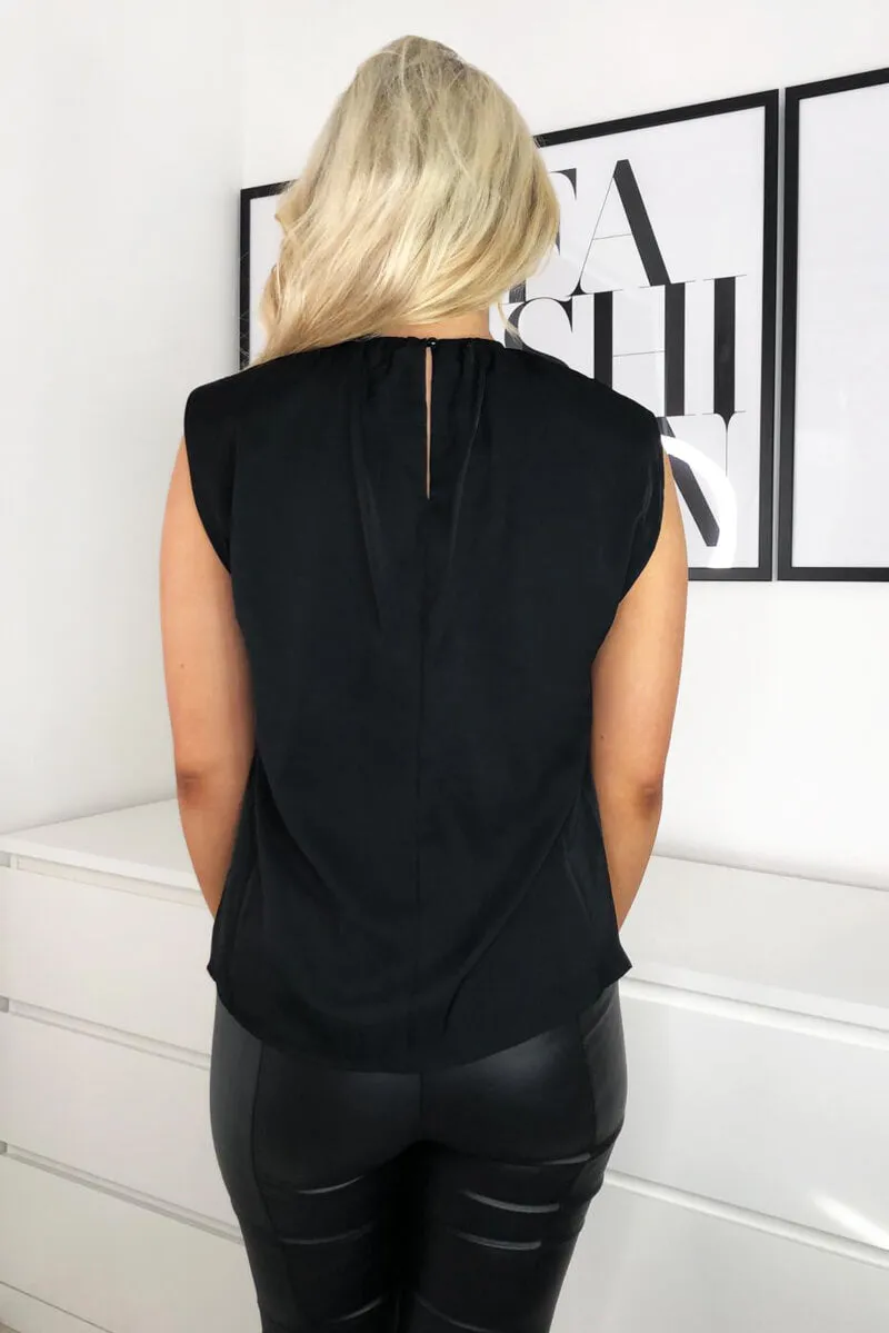 Black Padded Shoulder Sleeveless Blouse