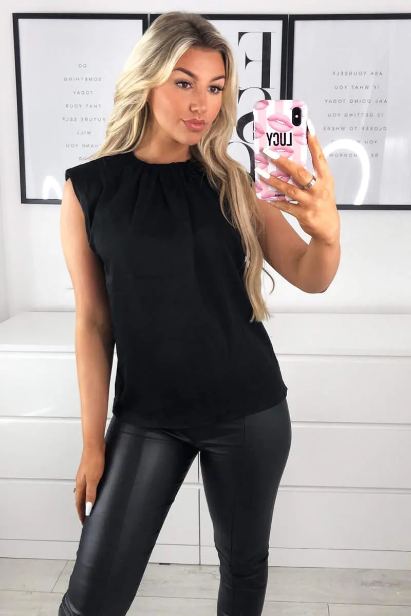 Black Padded Shoulder Sleeveless Blouse