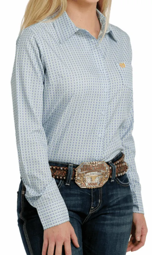 Cinch Women's ArenaFlex Light Blue Geo Print Long Sleeve Western Shirt MSW9163004