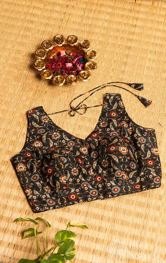 Dark grey floral printed sleeveless semi silk readymade blouse