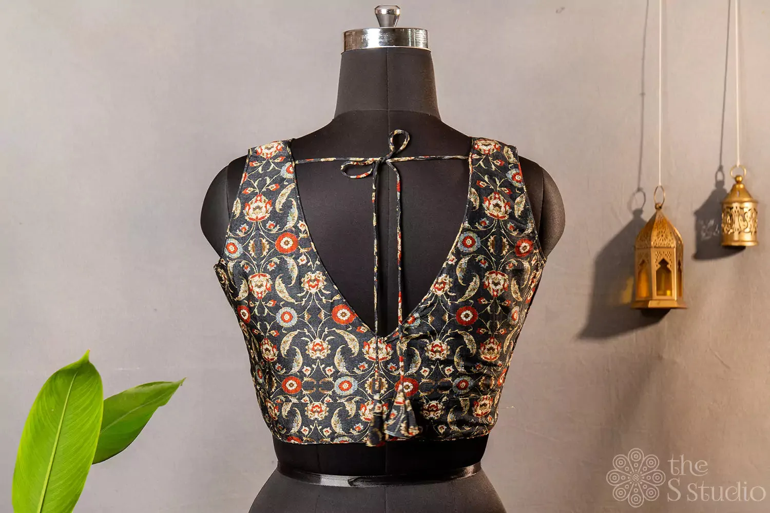 Dark grey floral printed sleeveless semi silk readymade blouse