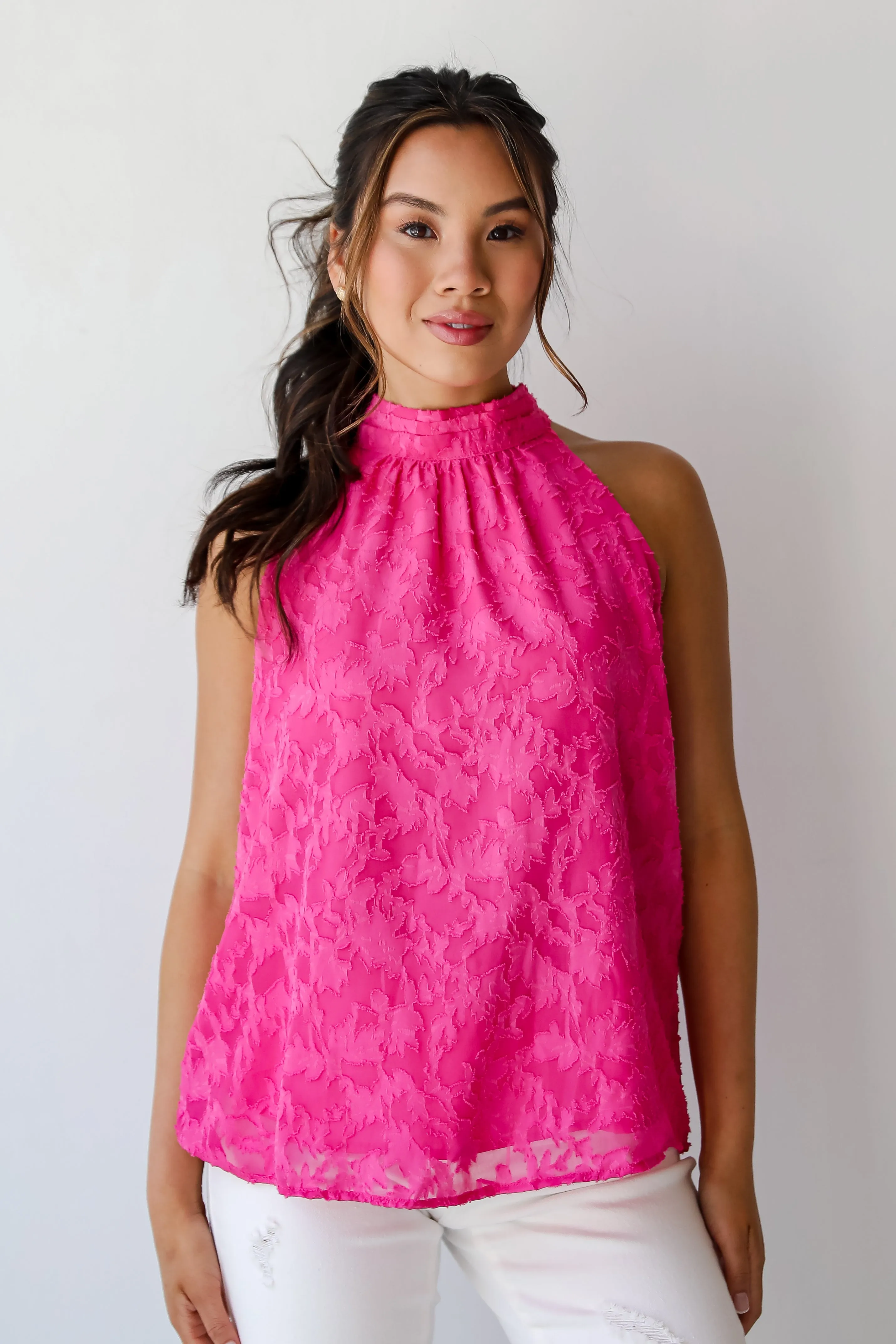 FINAL SALE - Love Story Hot Pink Textured Floral Sleeveless Blouse