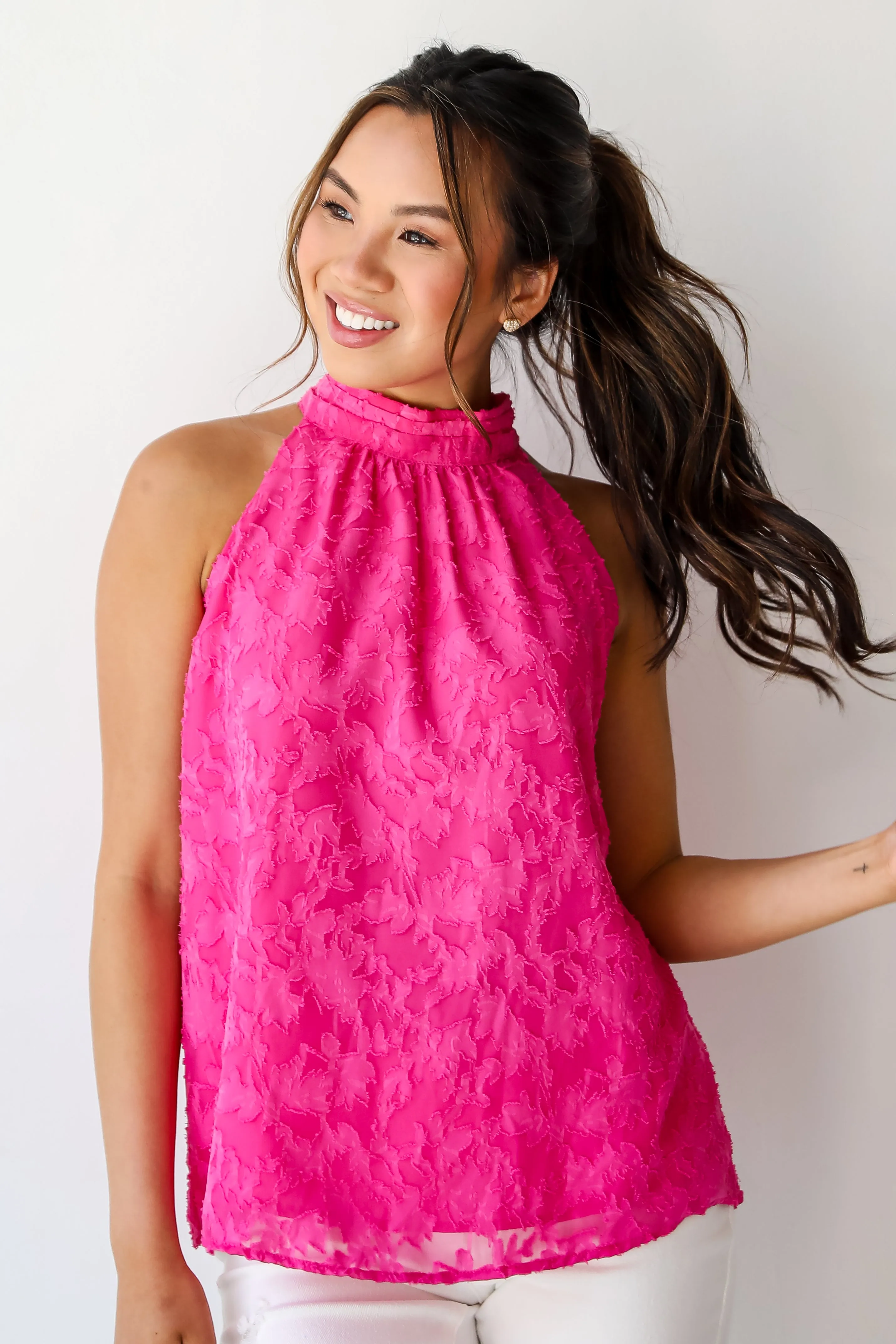 FINAL SALE - Love Story Hot Pink Textured Floral Sleeveless Blouse