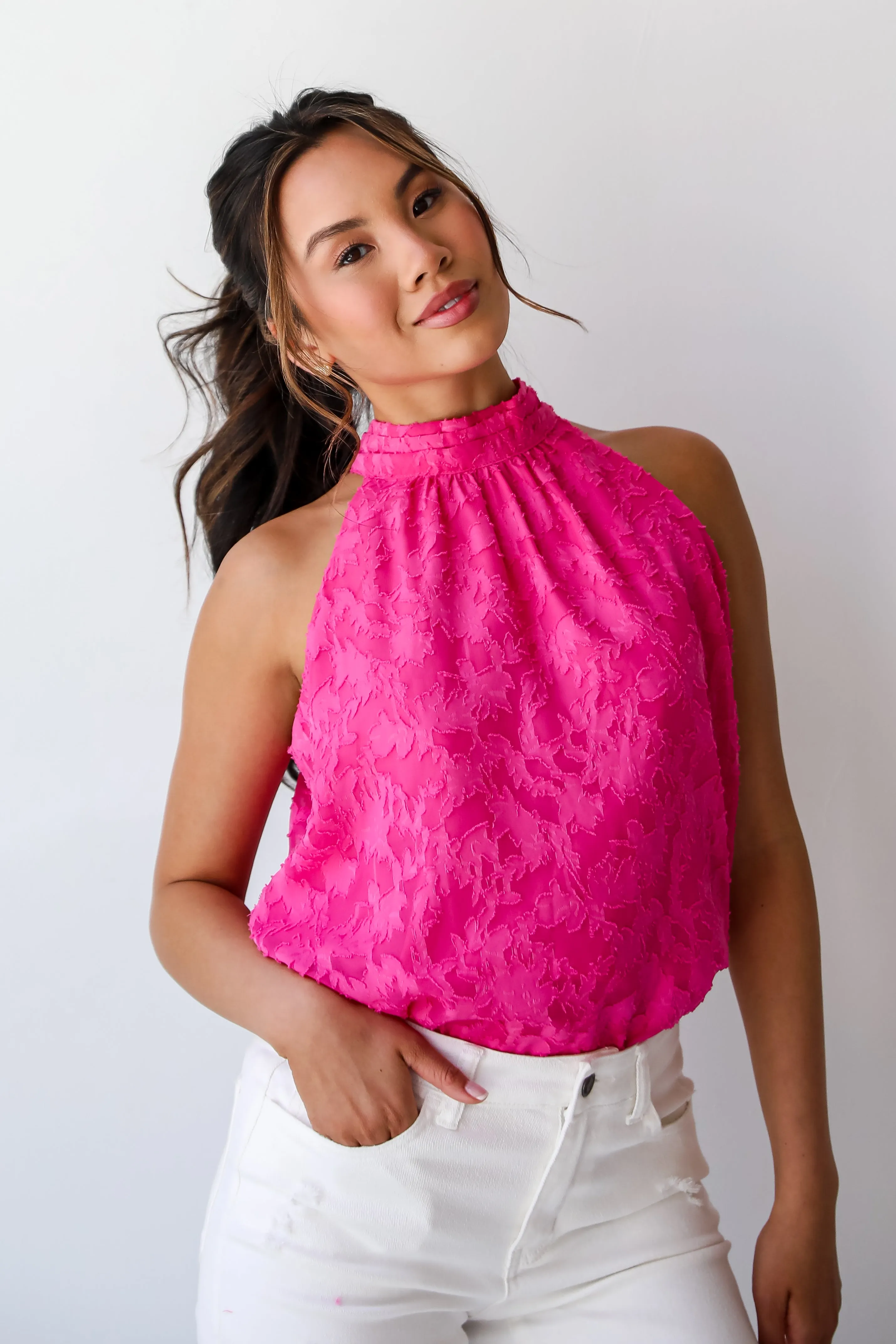 FINAL SALE - Love Story Hot Pink Textured Floral Sleeveless Blouse