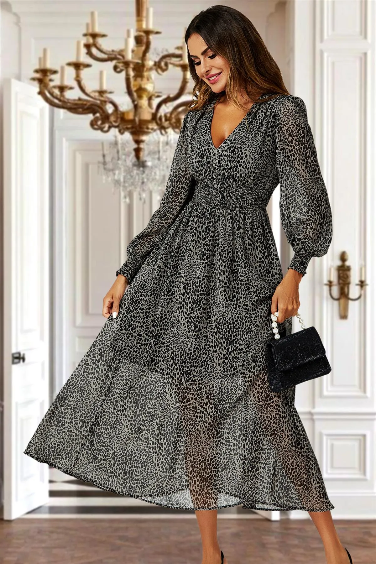 FS Collection Leopard Print Long Sleeve Maxi Dress In Grey