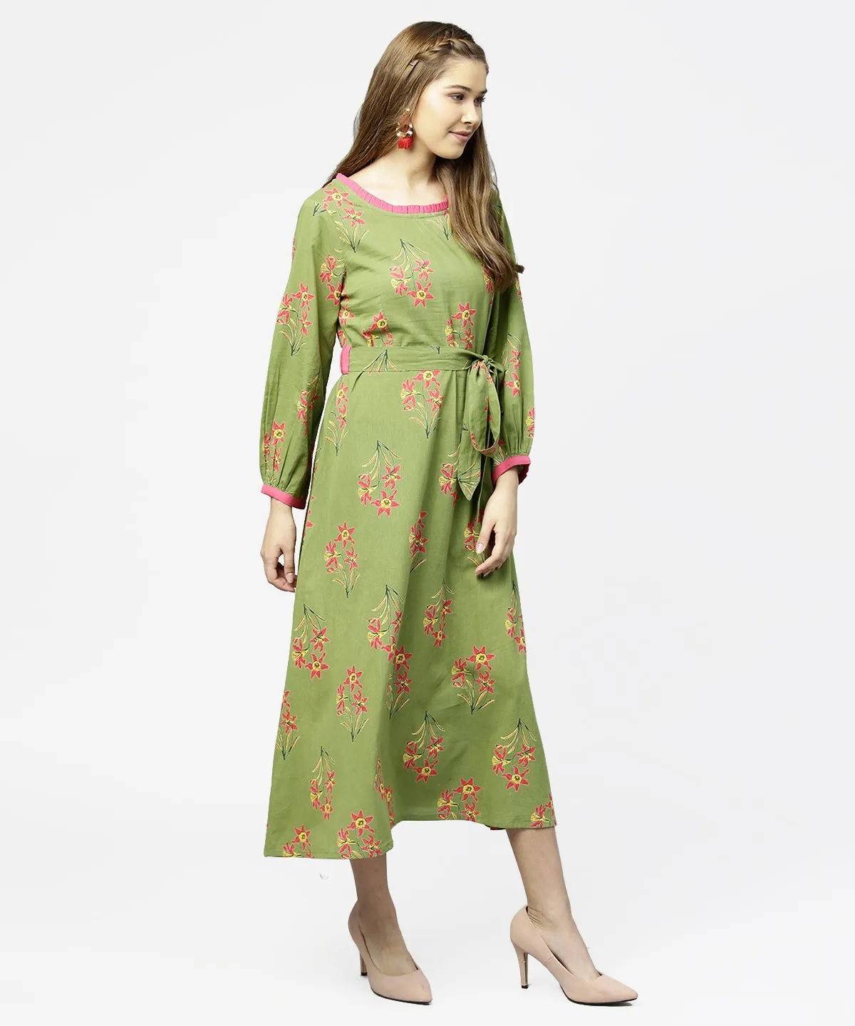 Green Printed 3/4Th Sleeve Cotton Maxi Dress With Belt