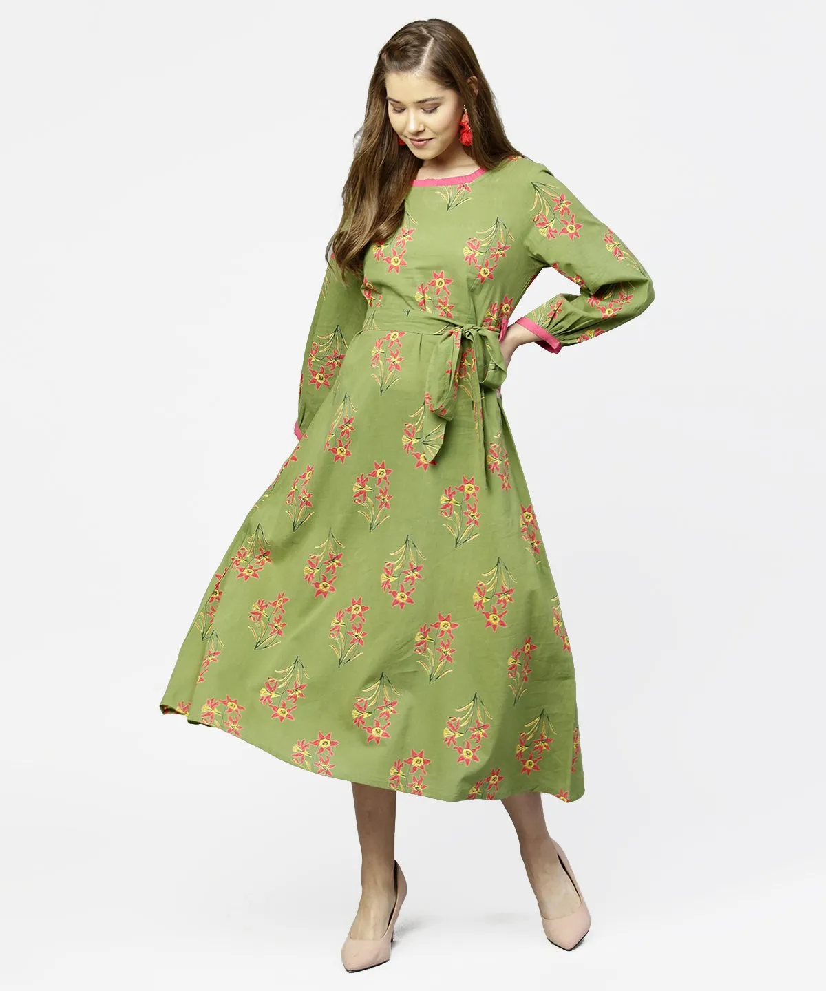 Green Printed 3/4Th Sleeve Cotton Maxi Dress With Belt