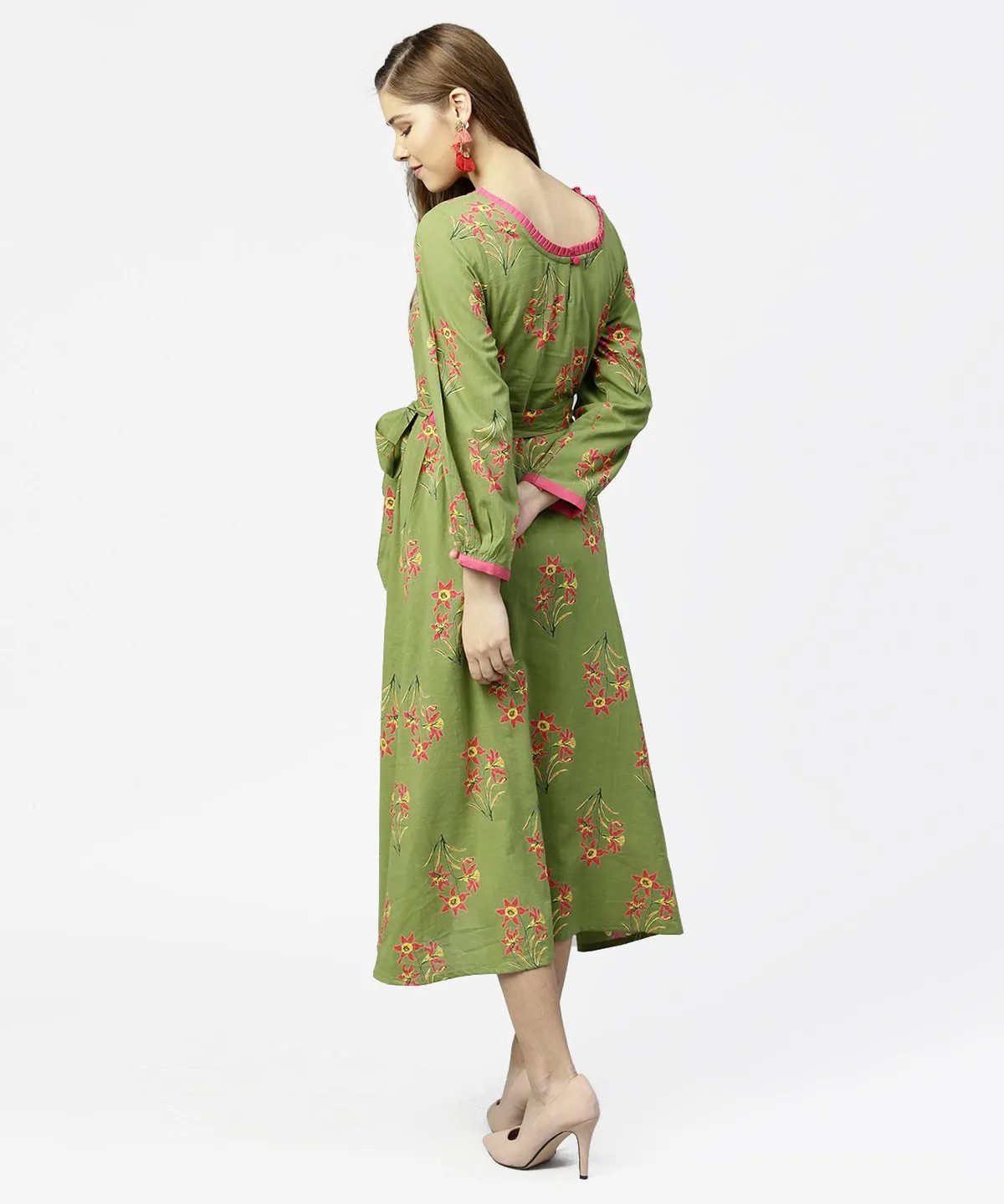 Green Printed 3/4Th Sleeve Cotton Maxi Dress With Belt