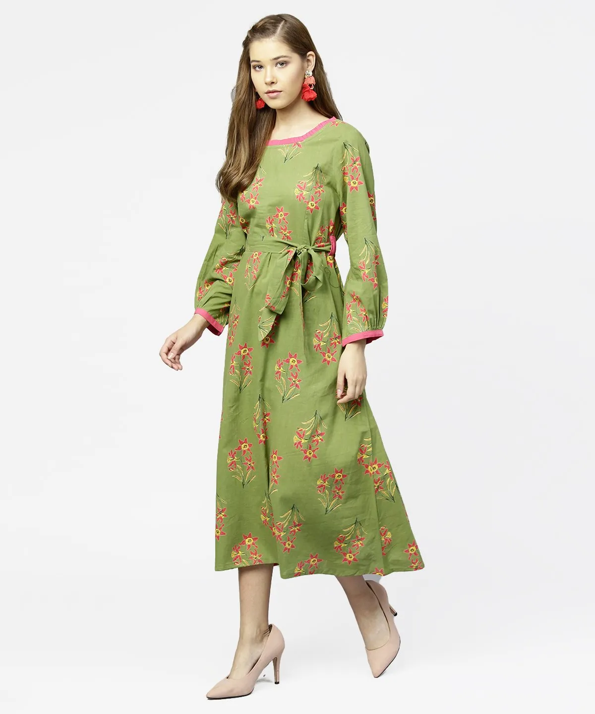 Green Printed 3/4Th Sleeve Cotton Maxi Dress With Belt