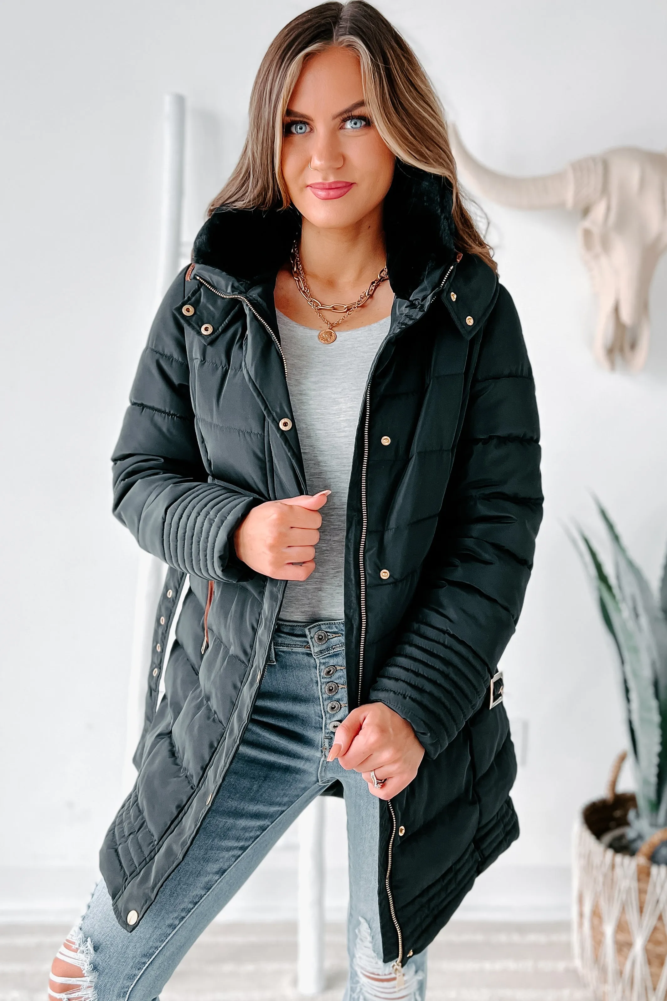 In The Alps Belted Puffer Coat (Black)