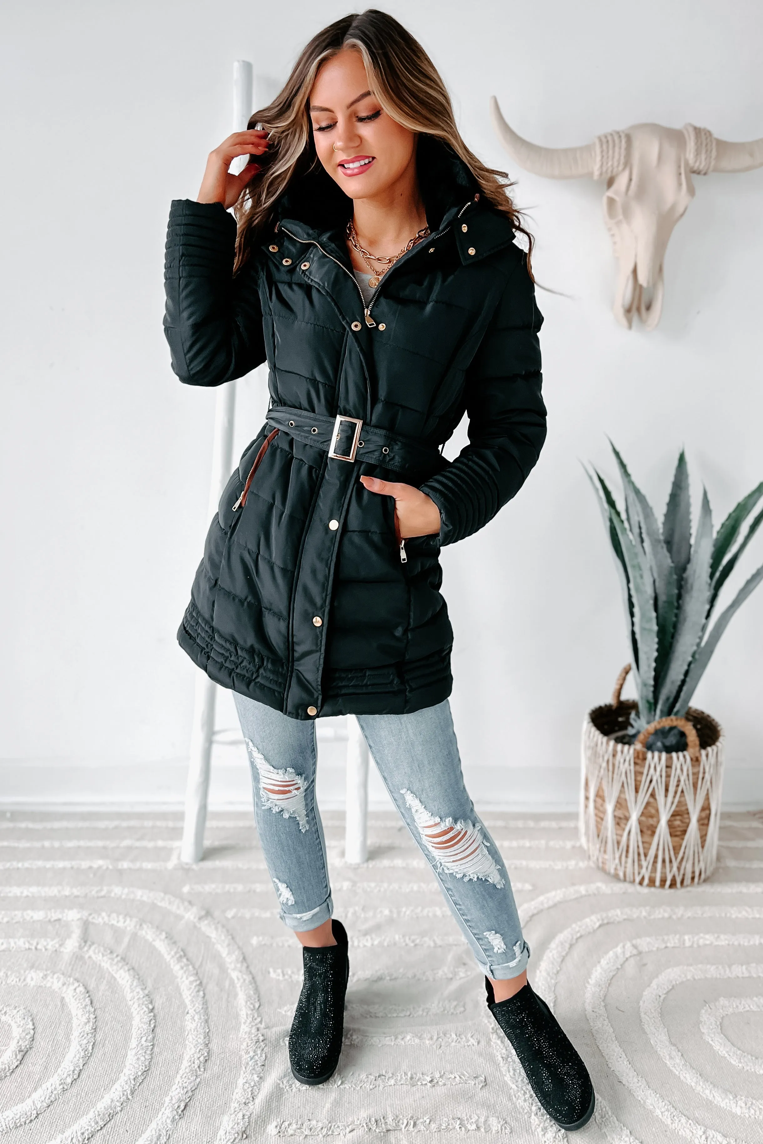 In The Alps Belted Puffer Coat (Black)