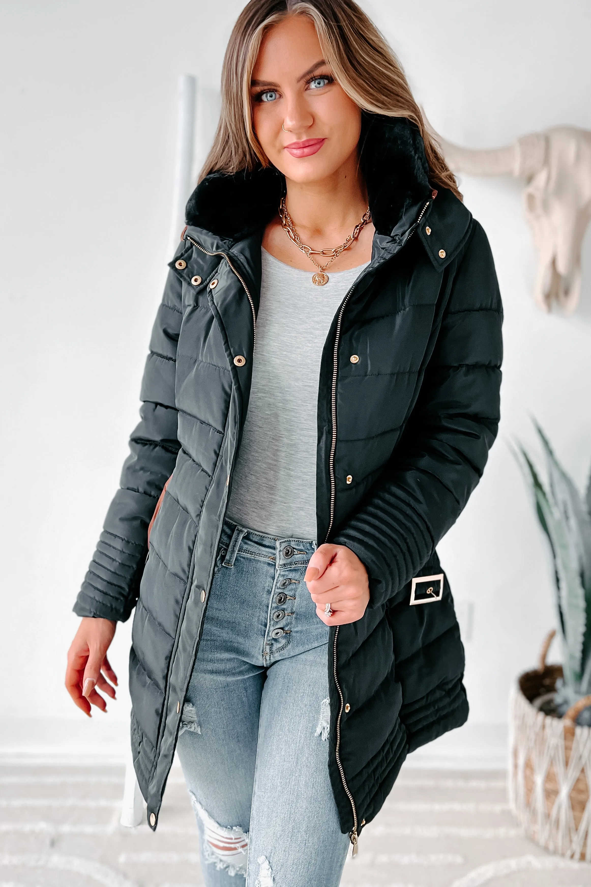 In The Alps Belted Puffer Coat (Black)