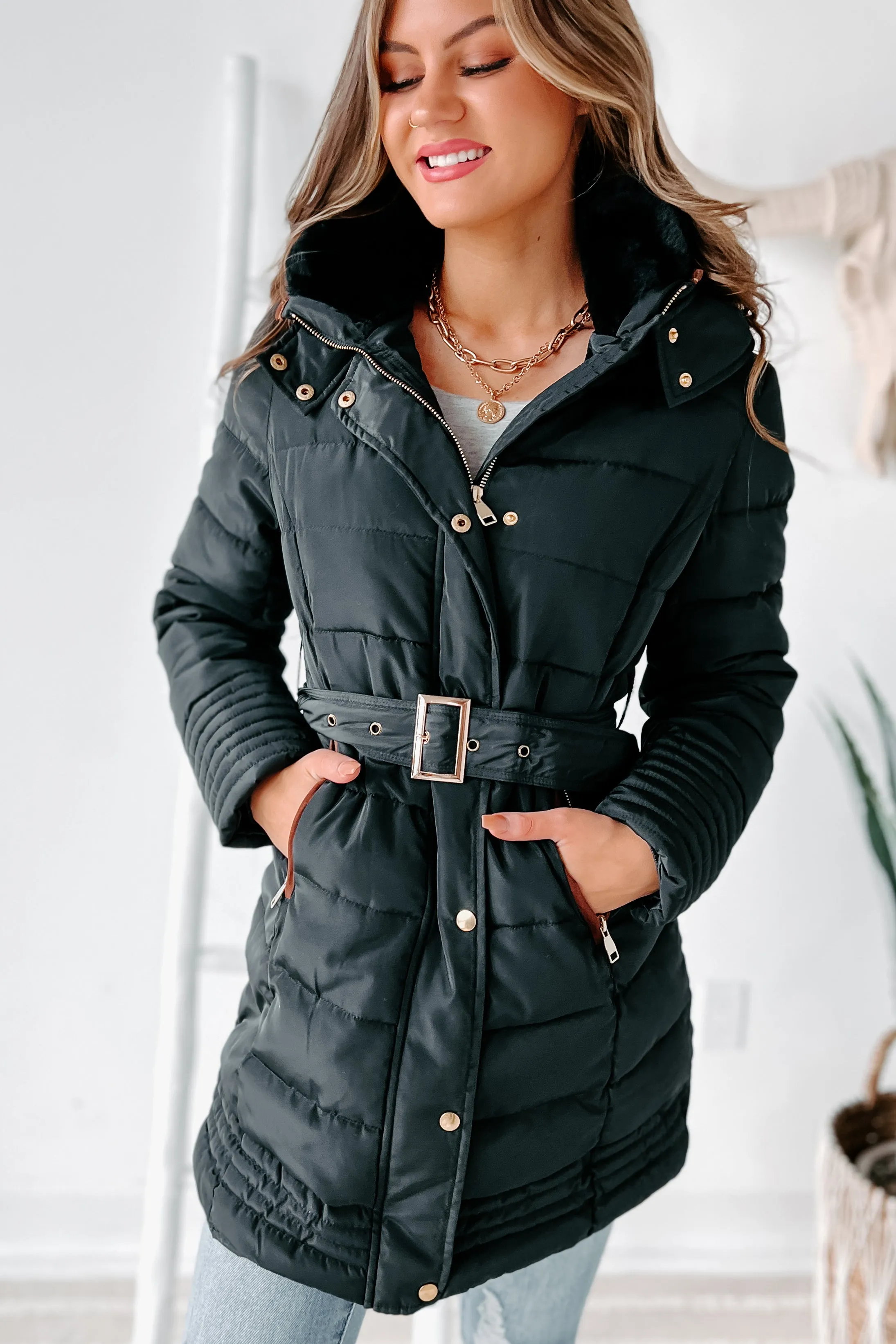 In The Alps Belted Puffer Coat (Black)