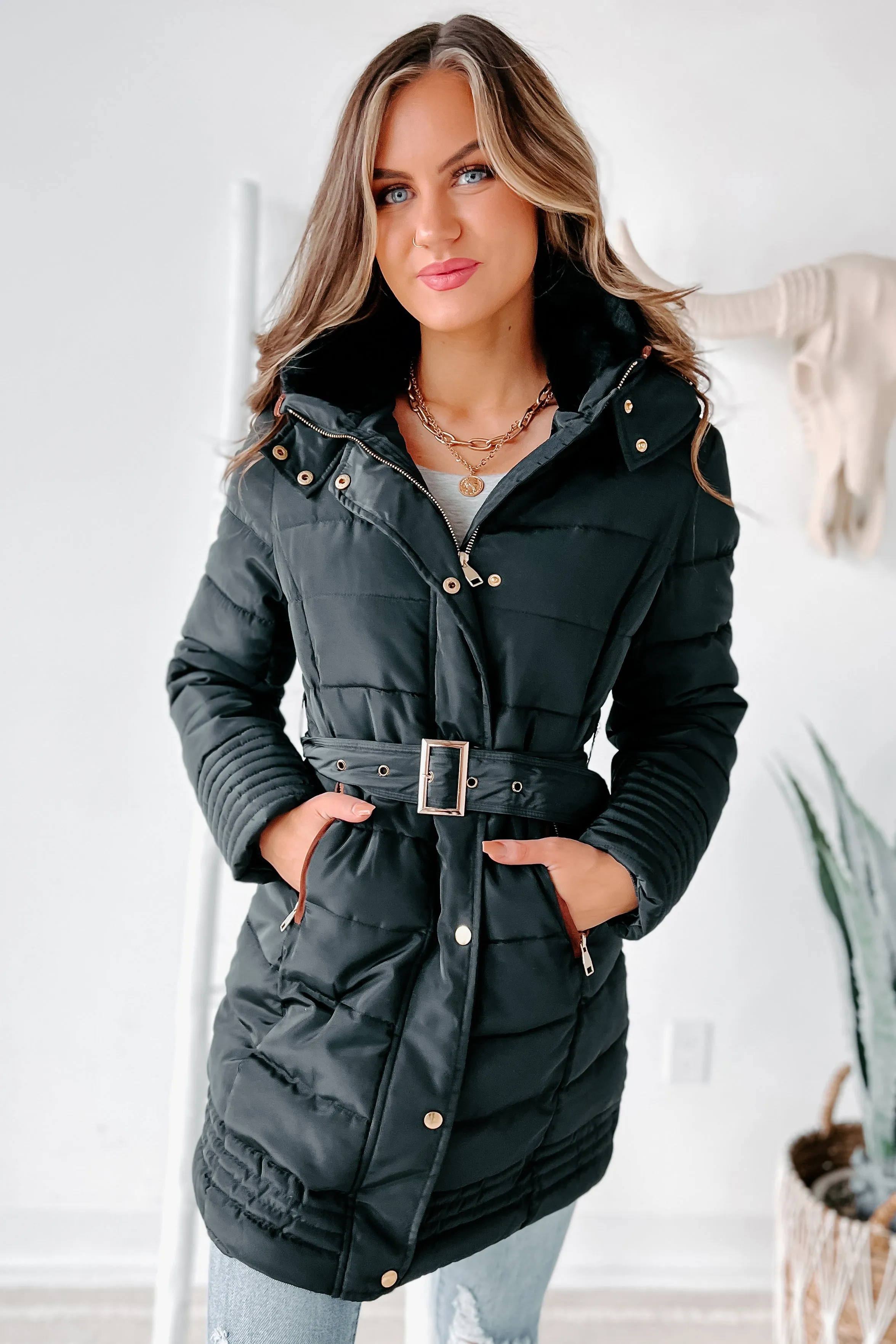 In The Alps Belted Puffer Coat (Black)