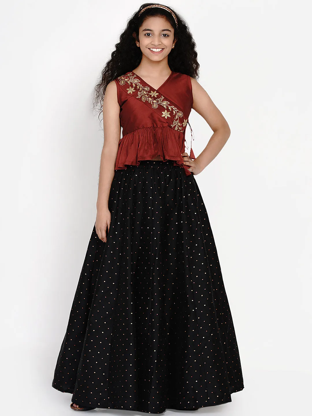 Jashvi Maroon & Black Printed Ready To Wear Lehenga With Blouse