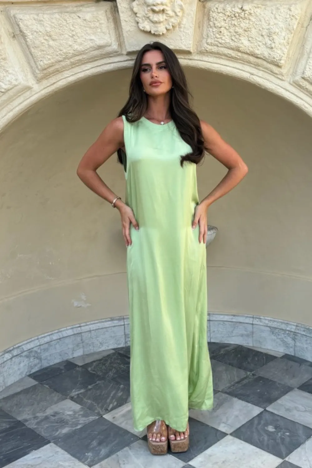 Jemma lime green satin loose fit maxi dress